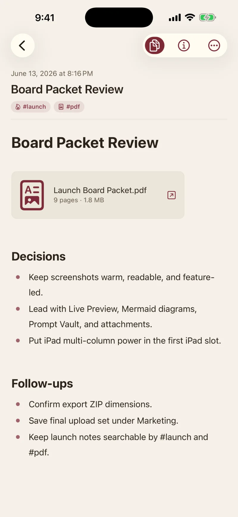 Ember note with an attached PDF on iPhone